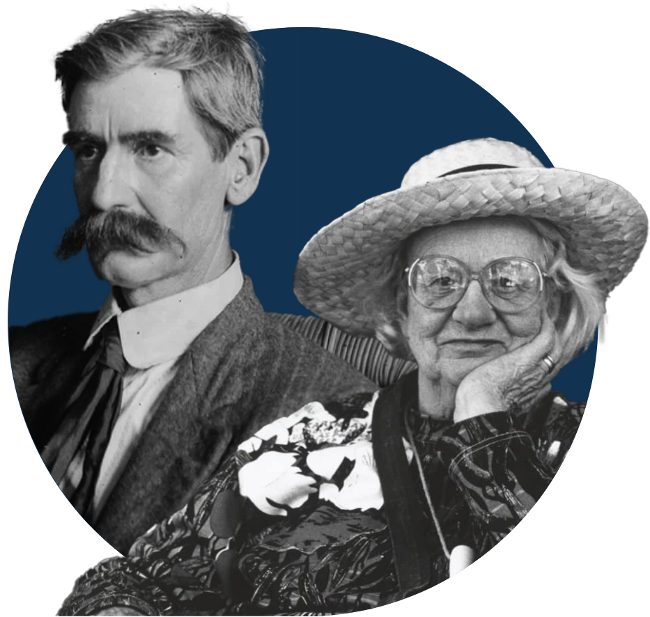 A dark blue circle overlayed with black and white cut out images of Henry Lawson and Judith Wright